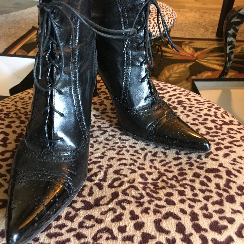 Via Spiga Black Leather WingTip Lace up Bootie